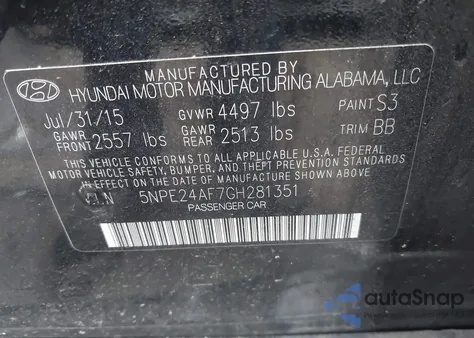 2016 Hyundai Sonata Se из США, поврежденный, VIN 5NPE24AF7GH281351